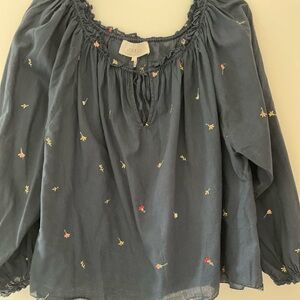 THE GREAT. Navy Smocked Long Sleeve Blouse